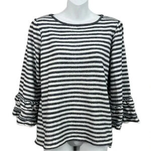 MAX STUDIO WEEKEND Women’s Striped Ruffle Sleeve Blouse - Grey and White Size XL
